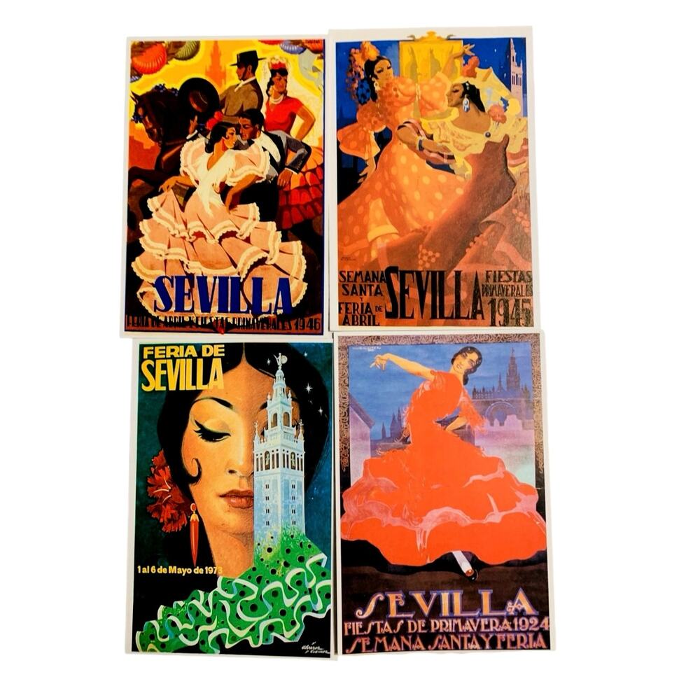 Vintage Sevilla Travel Promotional Postcards Set of Four Spanish Travel Art